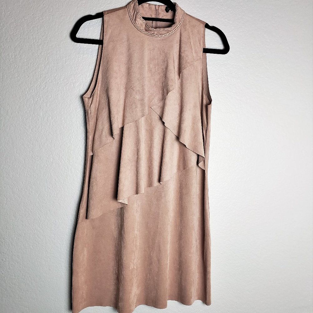 Zara Blush Pink Sleeveless Suede Mini Dress w High Neck & Tiered Ruffle Front